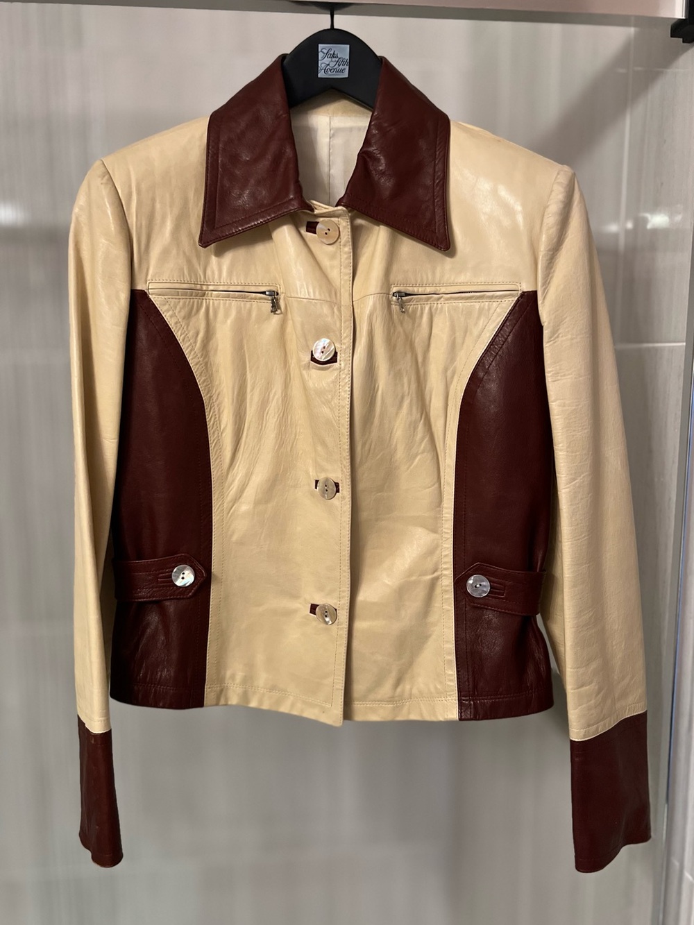 STEPHEN Made in Italy Two-Tone Leather Jacket Cream Maroon Pearl Buttons